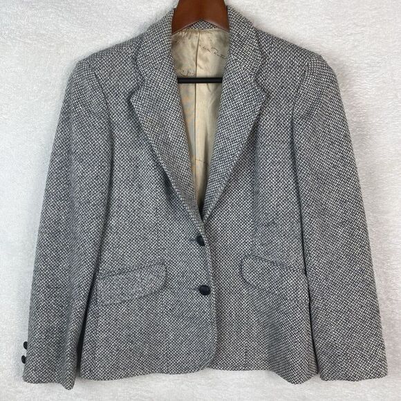Vintage Oscar‎ de la Renta Wool Blazer Size 5/6 Herringbone Tweed Logo Lined - Picture 1 of 10